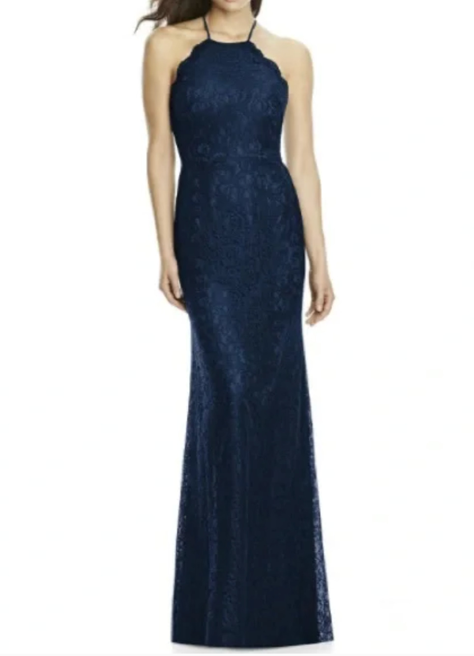 Dessy Collection 2995 Navy Blue Lace Halter Neck Trumpet Formal Gown Size 0
